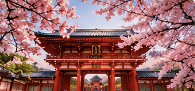 Red temple gate framed by cherry blossoms